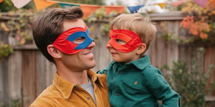 Smiling man and child wearing colorful superhero masks enjoying festive autumn celebration outdoors. Warm family moment with costumes, laughter and playful bonding at backyard Halloween party.