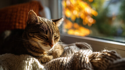 Cozy tabby cat resting peacefully on soft blanket, sunlit window with autumn leaves in background creating warm and inviting atmosphere in indoor setting.
