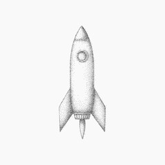 Rocket drawing in minimalist style, gritty lines and paper grain, dusty background with stipple texture and faded vintage imperfections.