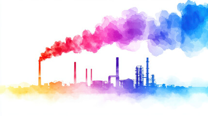 Obraz premium Colorful industrial skyline with smoke billowing from chimneys, representing pollution and environmental impact
