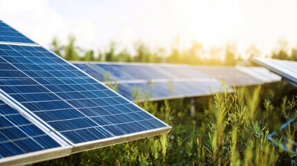 Solar panels in a sunlit field, representing sustainable energy and environmental care. ESG reports, sustainability campaigns, designed for environmental awareness campaigns.