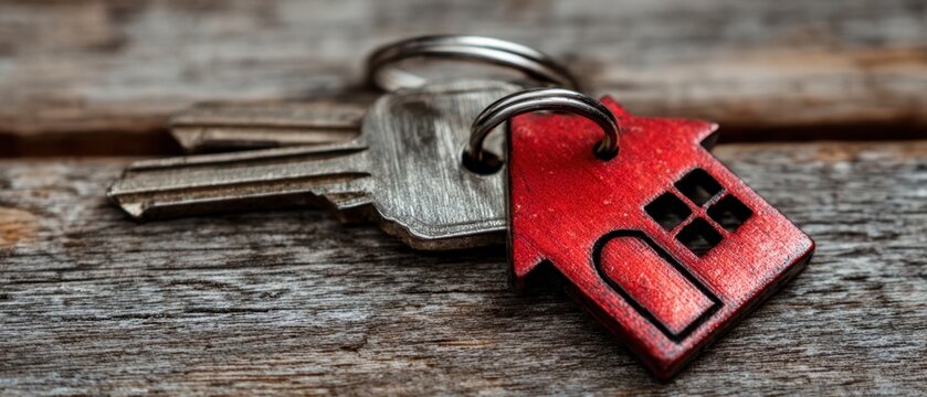The House Key with Red House Keychain on Rustic Wooden Background