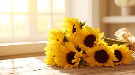 Rustic close-up of sunflower arrangement on a wooden surface with warm natural light. gardening catalogs, home-decor guides, designed for gardening and botanical catalogs.