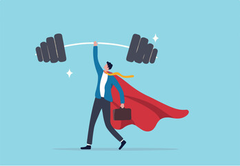 Business Strengths, strong power to get job done and success, career challenge or winning skill with strong leadership concept, strong businessman hero show his strength by easy lifting heavy weight.