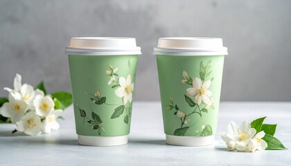 Two green paper coffee cups in pink floral pattern on light pastel background. 
