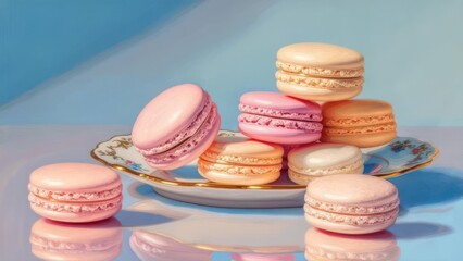 Obraz premium Indulge in delicate pastel macarons artfully arranged on an ornate plate, creating a sweet and elegant scene perfect for culinary inspiration.