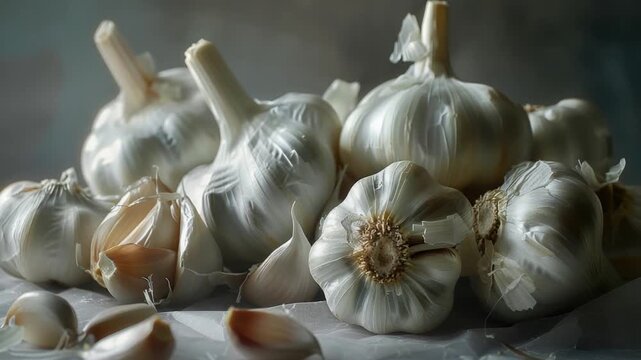 Close-up shot of several garlic bulbs arranged on a table, often used in food or cooking scenes