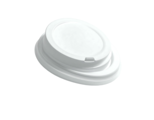 White disposable paper cup lid with a slightly domed top and a small sip hole, shown at a slight angle against a black background