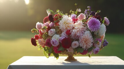 A vibrant floral arrangement glistens with morning dew in a serene English park setting. gardening catalogs, home-decor guides, designed for gardening and botanical catalogs, celebrates nature.