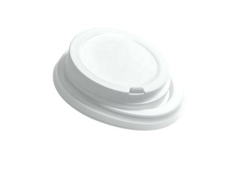 White disposable paper cup lid with a slightly domed top and a small sip hole, shown at a slight angle against a black background