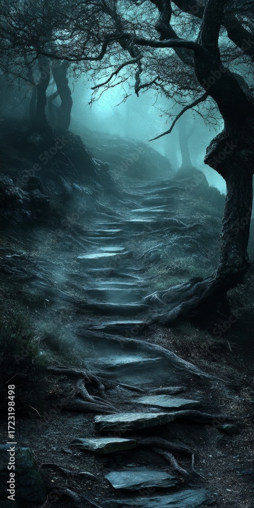 Poster dark forest with a path leading through it. the path is made of stones and is surrounded by trees. s
