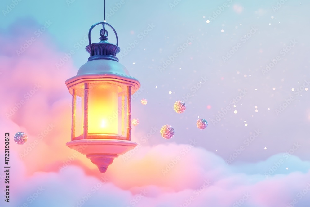 Poster a surreal scene featuring a glowing lantern floating above soft clouds, creating a magical and seren