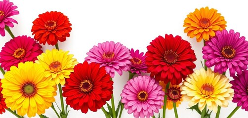 Vibrant zinnias in various colors, isolated on pure white background, nature photography, floral design