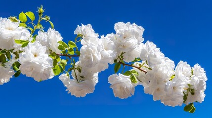 Close-up of white garden roses against a blue sky, bathed in natural sunlight with a soft background. gardening catalogs, home-decor guides, designed for gardening and botanical catalogs.