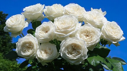 Close-up of white garden roses against a blue sky, bathed in natural sunlight with a soft background. gardening catalogs, home-decor guides, designed for gardening and botanical catalogs.