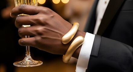Obraz premium Dark skin hand holding champagne at elegant celebratory event luxury toast party gold formal sophisticated