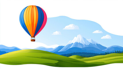 Naklejka premium Vibrant hot air balloon floats above rolling green hills and majestic mountains under clear blue sky, evoking sense of adventure and tranquility