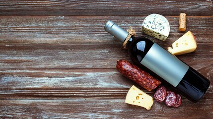 An elegant arrangement of cheeses and sausages with a wine bottle on a wooden surface.