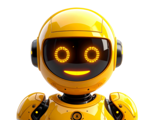 Futuristic Cute Yellow Robot Emoji with LED Face Screen, 3D Render, Transparent Background