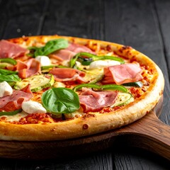 Close-up pizza with ham, vegetables, and cheese
