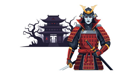 Samurai in the shadow of ancient architecture: A stoic Samurai stands vigilantly in the shadow of an ancient temple, its architectural beauty juxtaposed against a backdrop of enigmatic trees.