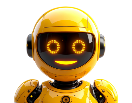Futuristic Cute Yellow Robot Emoji with LED Face Screen, 3D Render, Transparent Background