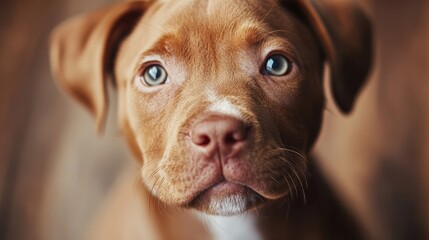 Adorable brown puppy with blue eyes close-up portrait. Pitbull Awareness Month