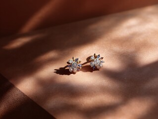 Obraz premium Delicate earrings displayed on matte cocoa surface with sunlit shadow form