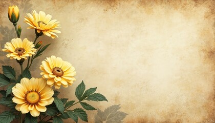 Vintage floral pattern yellow flowers green leaves on old parchment texture. Antique faded design with classic botanical elements. Shabby chic, retro style art, delicate nature, vintage design