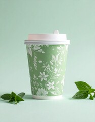 Green eco-friendly paper coffee cup in floral pattern in soft light on pale pastel background. 