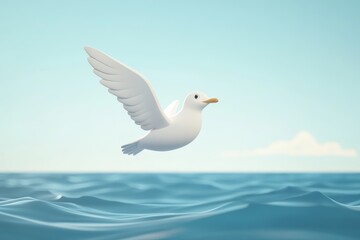 Fototapeta premium A graceful seagull soars above tranquil blue ocean water, embodying freedom and serenity. This image captures the beauty of nature in a peaceful setting.