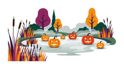 Spooky Pumpkins in the Pond: A whimsical illustration features grinning jack-o'-lanterns floating on a misty pond surrounded by autumnal foliage, evoking the playful spirit of Halloween.