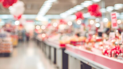 Supermarket checkout blurred SALE decorations across counters