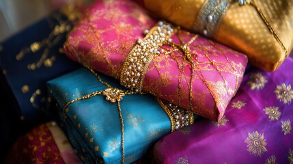 Stack of colorful silk gifts wrapped in gold ribbon and pearls.