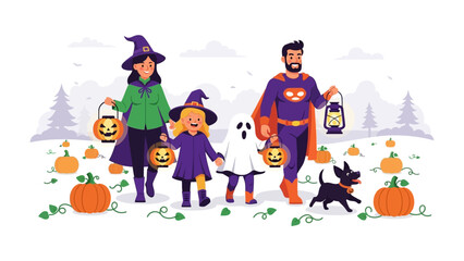 Halloween Family: A joyful family, embracing the spooky spirit, is depicted in a whimsical illustration. They are seen dressed up in delightful costumes.
