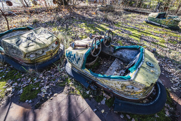 Bumper car in amusement park in Pripyat ghost city in Chernobyl Exclusion Zone, Ukraine