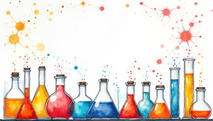 Watercolor background with test tubes, flasks filled with colorful liquids. Back to school backdrop for chemists, science students, laboratory experiments, education. Hand-painted illustration with