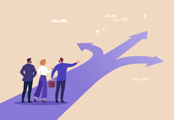 Decision-Making Concept. Vector cartoon illustration of a business team standing at a crossroad with multiple arrows, discussing and choosing the right path toward success and future opportunities.