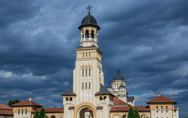 Bell tower end entrance to Coronation Cathedral in Alba Carolina Citadel, Alba Iulia city, Romania