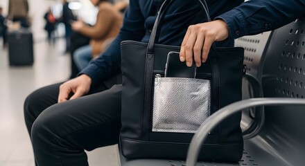 Fototapeta premium Person putting smartphone into stylish bag while waiting airport travel business lifestyle digital urban tech