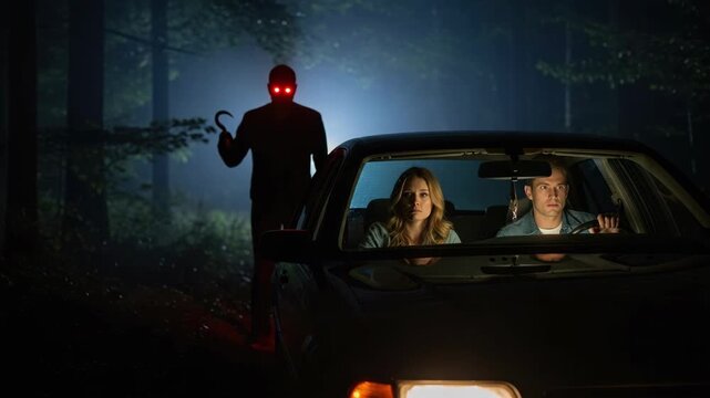 Car accident scene with terrifying attacker and scared passengers, car accident leaves couple terrified in wooded area.