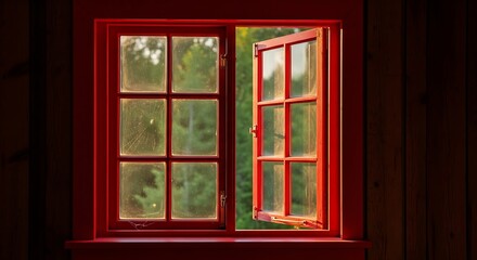 Open Red Window Frame with Greenery Outside.