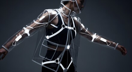 Stylish woman in innovative transparent illuminated tech wear jacket future technology fashion design innovation light