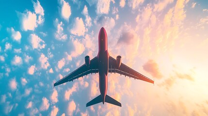 Sunset horizon airplane silhouette above clouds glowing warm tones vibrant dramatic scene