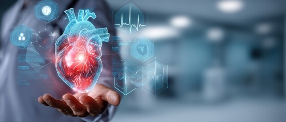 The digital heart hologram representing advanced healthcare technology and innovation.