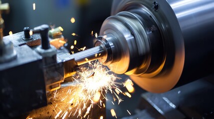 Close-Up of Lathe Turning Operation: Metal Being Cut with Bright Sparks Flying—Highlights Precision Machining Process, Industrial Manufacturing Detail, and Metalworking Craftsmanship in a Workshop