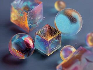 Digital scene with translucent spheres and cubes featuring holographic textures. Vibrant colors—blue, purple, pink, orange—create depth and futuristic aesthetics.