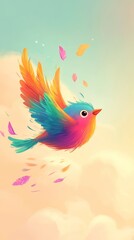 Obraz premium A vibrant illustration of a colorful bird soaring through soft clouds, showcasing a playful design filled with joyful hues and whimsical elements of nature.
