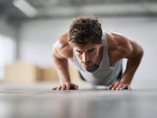 Fototapeta premium Intense closeup of a determined man doing pushups in a gym. Focus, strength, and healthy lifestyle concept. Great for fitness, motivation, and wellness themes.