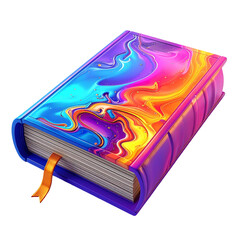 A vibrant book with a swirling, multicolored cover, thick pages, and an orange ribbon bookmark